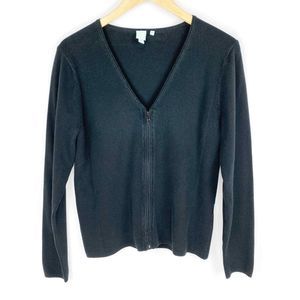 Shu Shu Womens Zipper Cardigan Black V Neck Stretch Knit Long Sleeve L